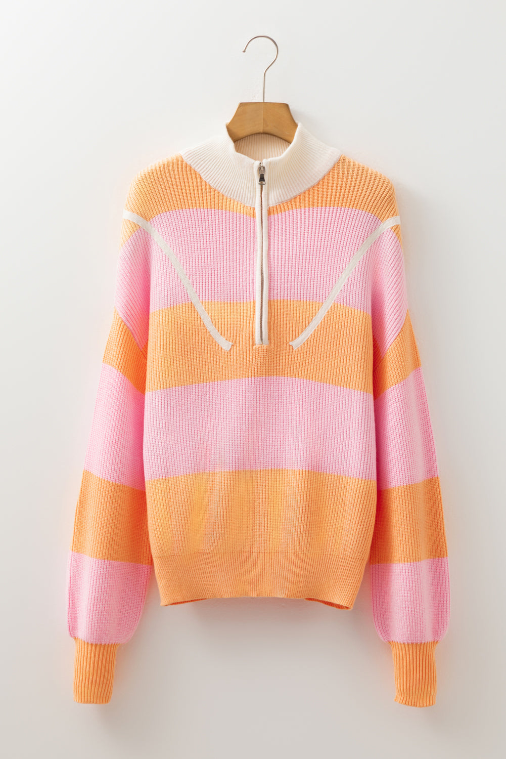 Orange Stripe Colorblock Half Zip Oversize Sweater