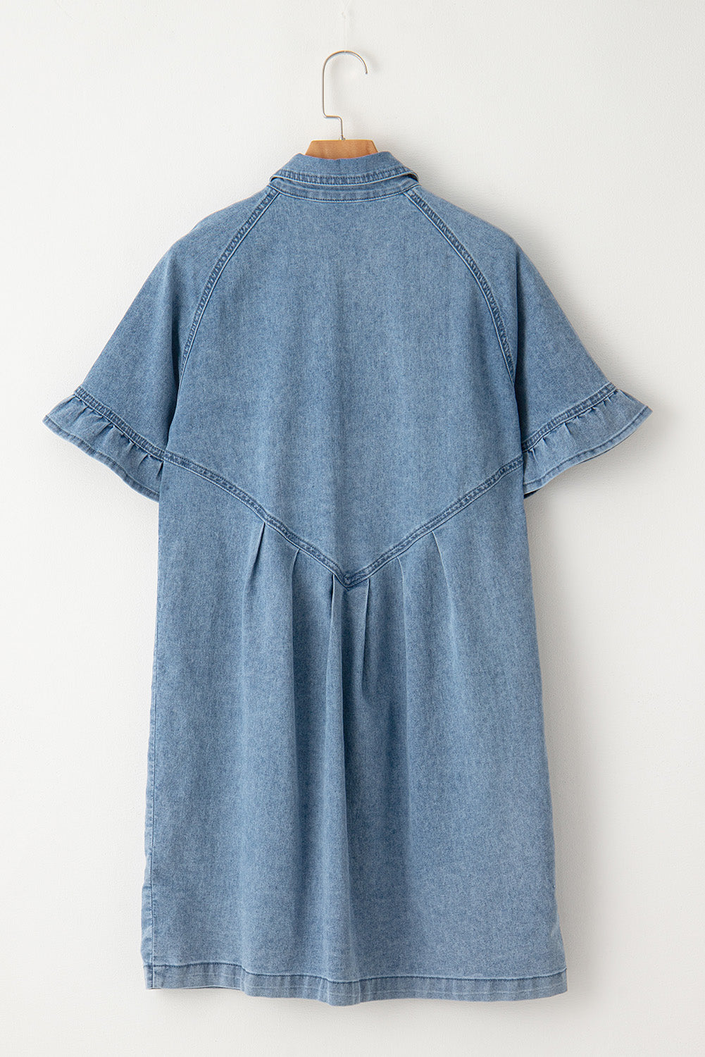 Light Blue Frilled Short Sleeve Button Up Loose Denim Shirt Dress