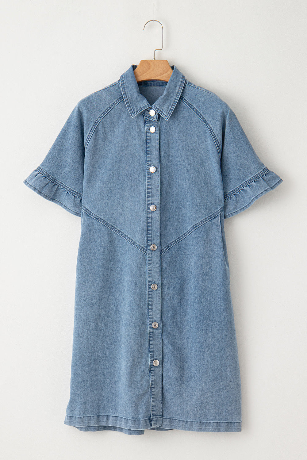 Light Blue Frilled Short Sleeve Button Up Loose Denim Shirt Dress