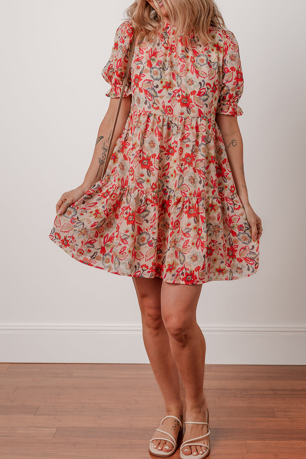 Multicolour Floral Print Frilled Neck Puff Sleeve High Waist Dress