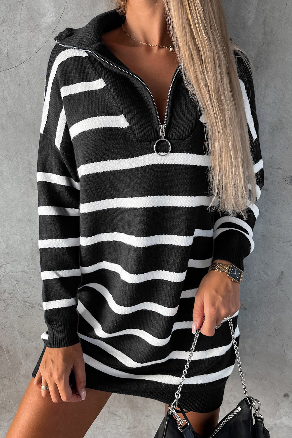 Black Striped/Solid O-ring Zip Collared Loose Sweater Mini Dress