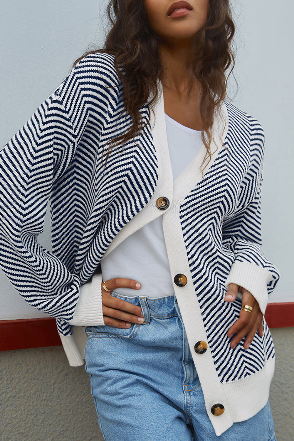 Blue Stripe Buttoned Front V Neck Herringbone Cardigan