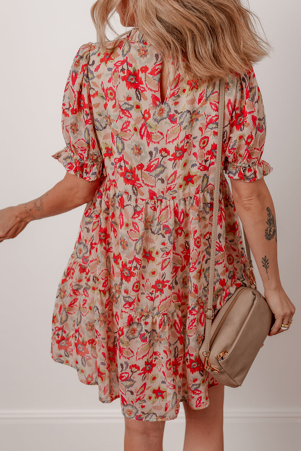 Multicolour Floral Print Frilled Neck Puff Sleeve High Waist Dress
