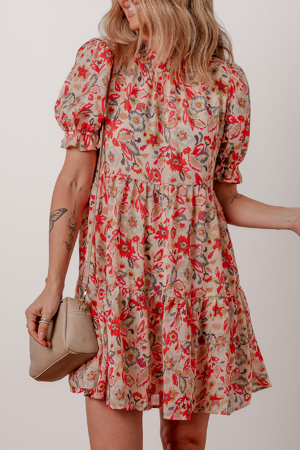 Multicolour Floral Print Frilled Neck Puff Sleeve High Waist Dress