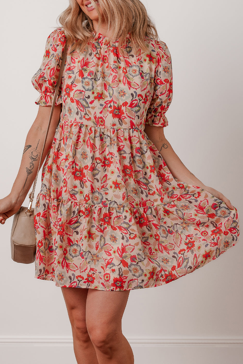 Multicolour Floral Print Frilled Neck Puff Sleeve High Waist Dress