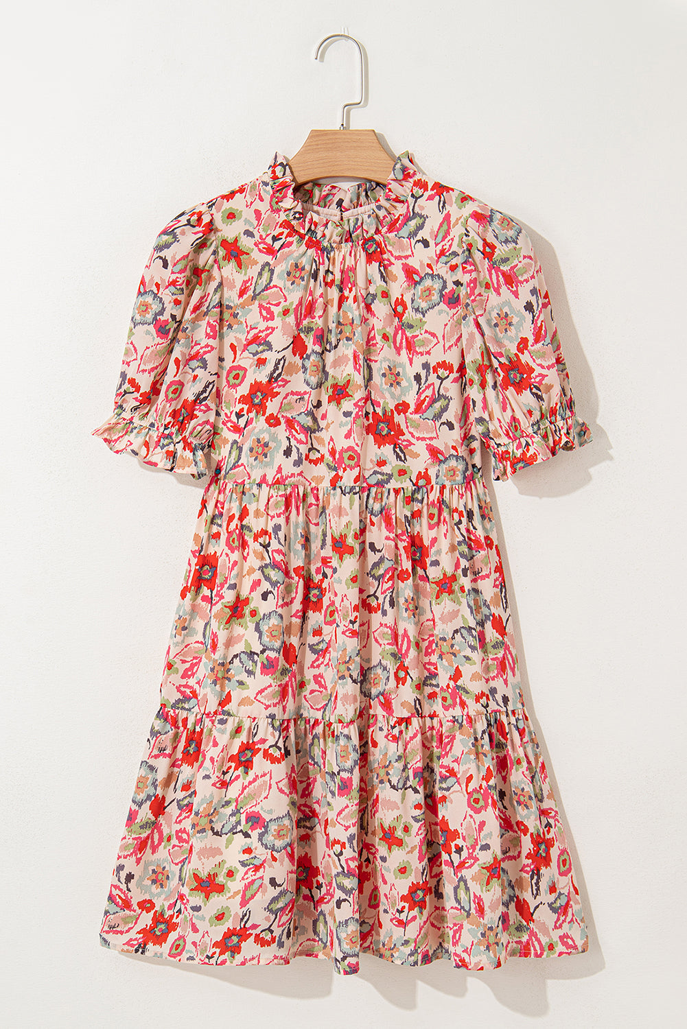 Multicolour Floral Print Frilled Neck Puff Sleeve High Waist Dress