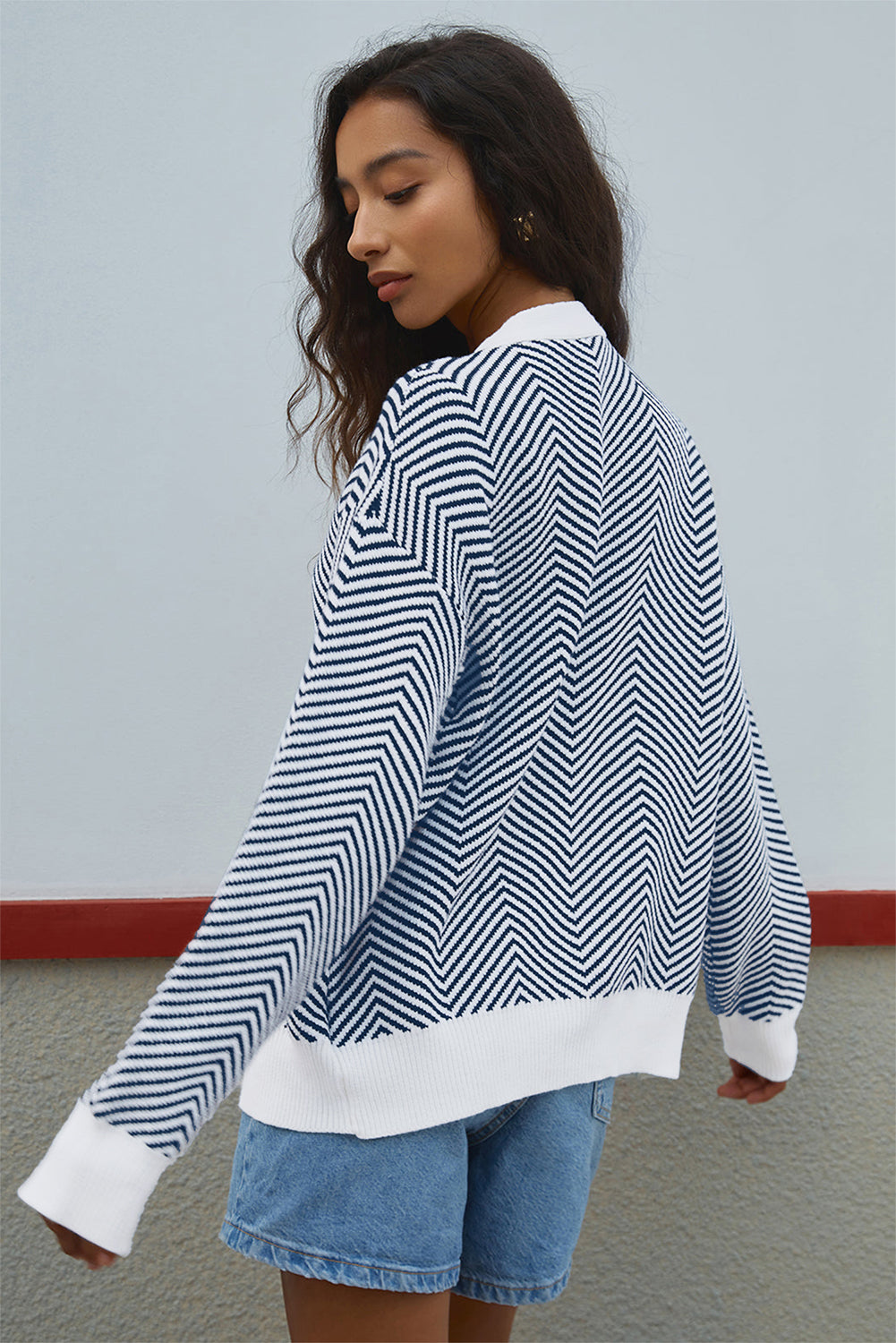 Blue Stripe Buttoned Front V Neck Herringbone Cardigan